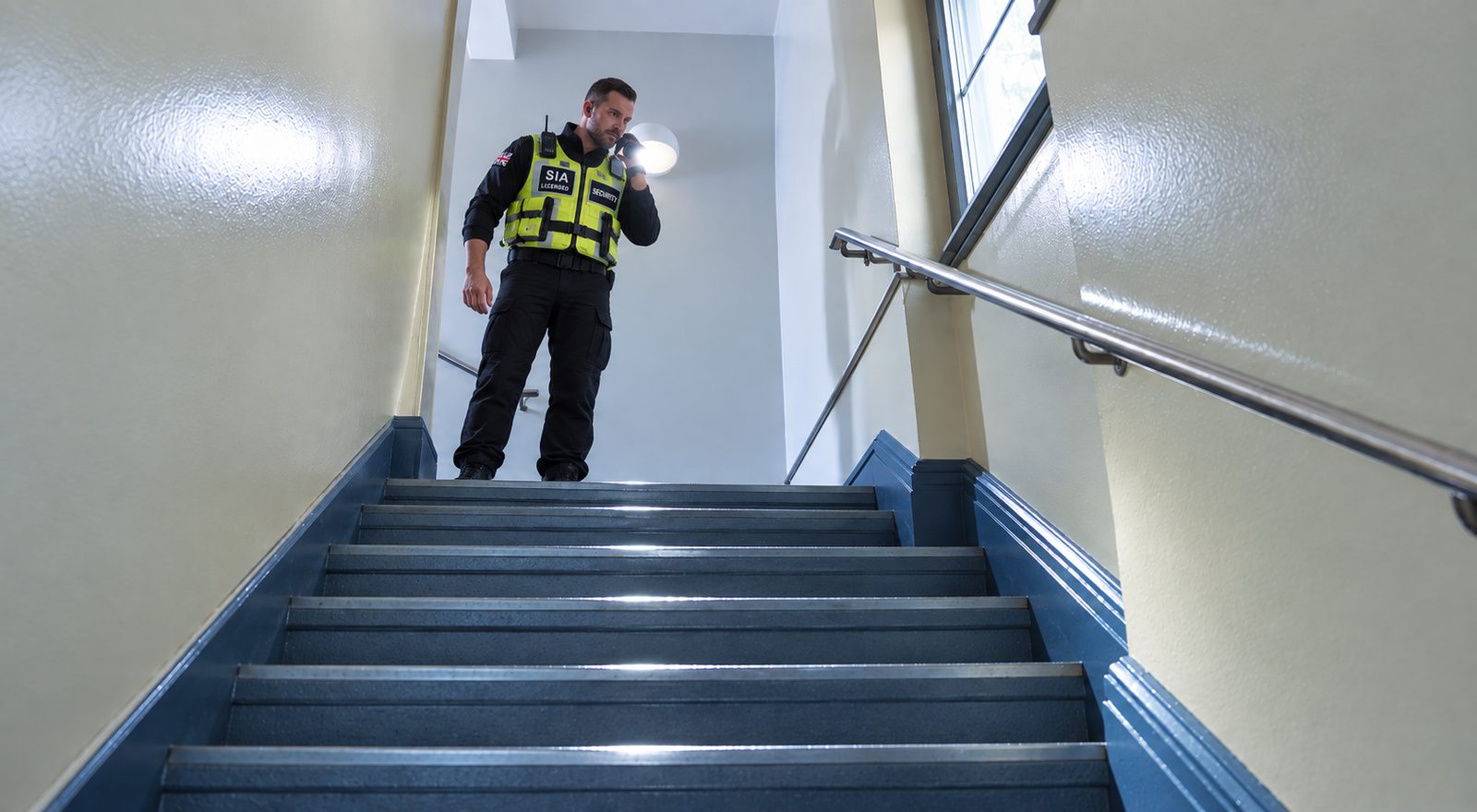 SIA-licensed Risk Secured officer checking a stairwell with a torch during an alarm response attendance