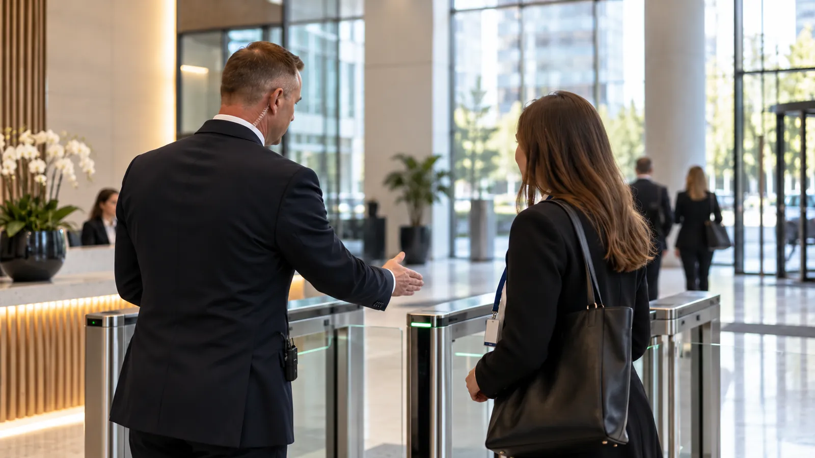 Front-of-house security officer managing access control in a corporate lobby