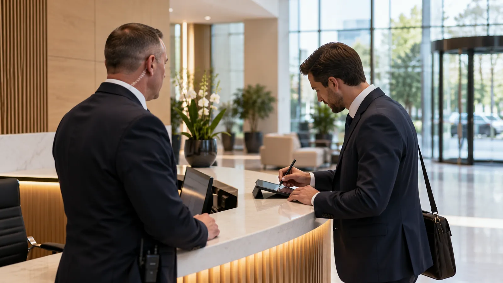 Corporate security officer signing in a visitor at an office reception desk